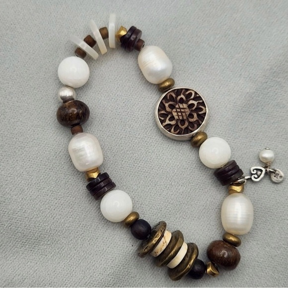 Silpada B1989 Pearl  Bronzite Howlite BrassSterling silver stretch Bracelet - Picture 5 of 9